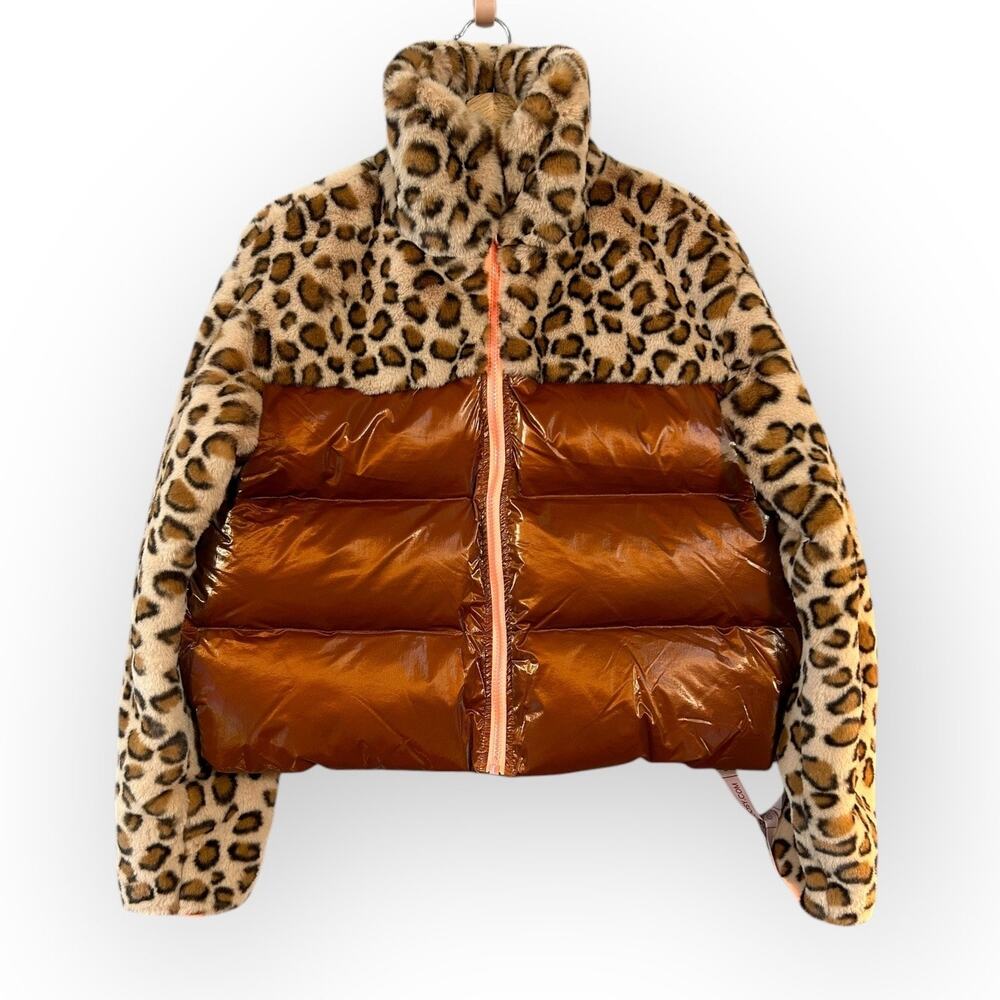 Choosy Puffer Bomber Cropped Jacket Leopard Rust Metallic XS NWT